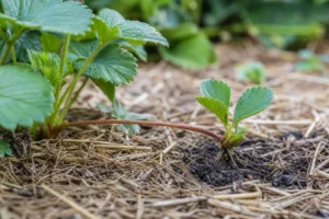 Stolon de fraisier rampant sur un paillage avec une jeune plantule enracinée