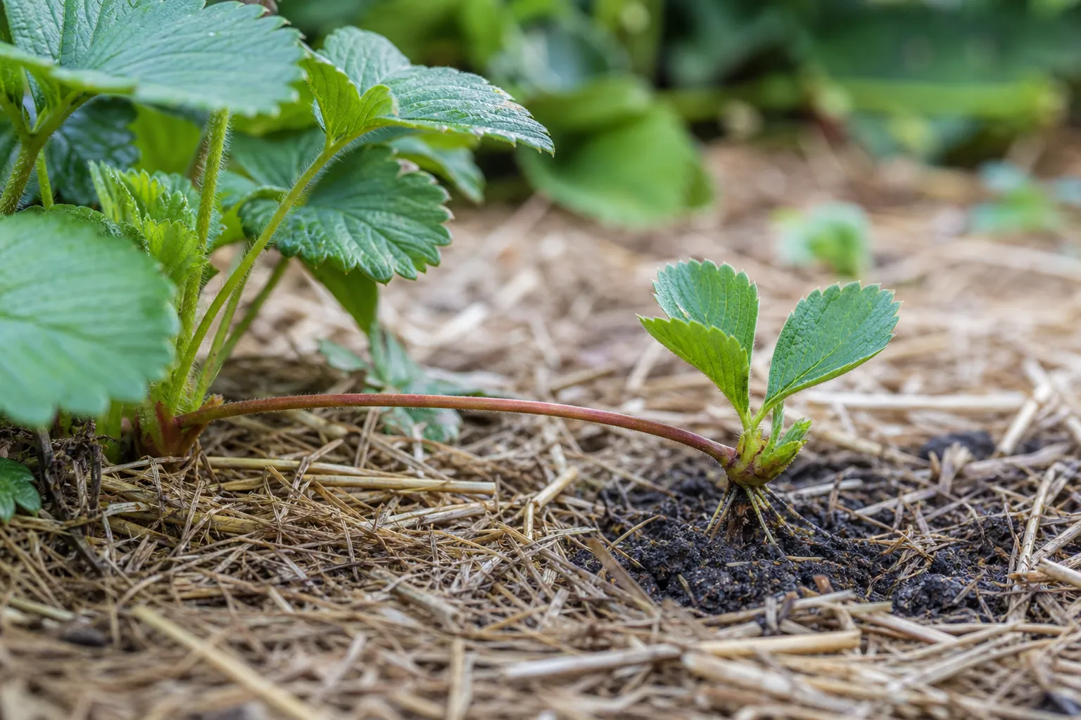 Stolon de fraisier rampant sur un paillage avec une jeune plantule enracinée