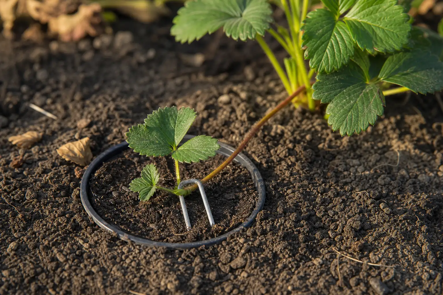 Godet de 9 cm enterré recevant une plantule de fraisier maintenue par une épingle en fil de fer