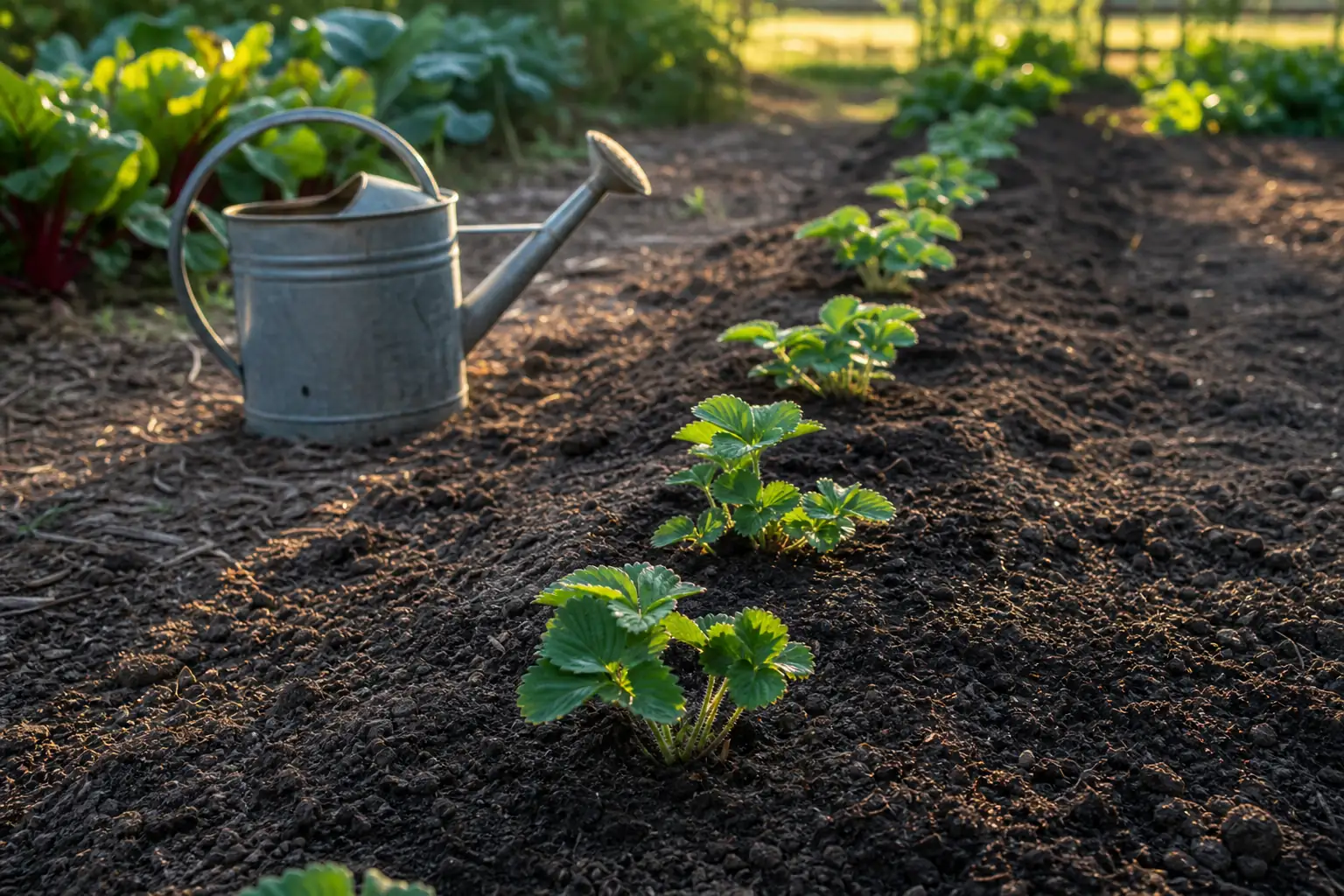 Jeunes plants de fraisiers alignés sur une planche de potager fraîchement plantée