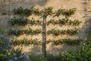Pommier conduit en palmette contre un mur de pierre, bras palissés sur fils tendus
