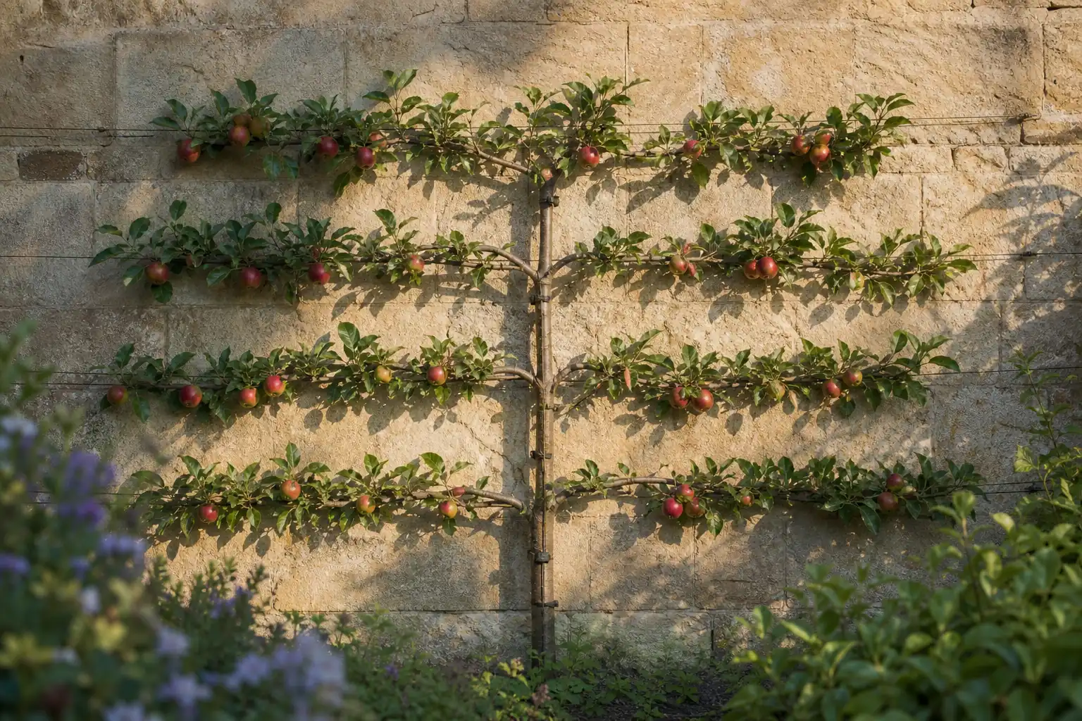 Pommier conduit en palmette contre un mur de pierre, bras palissés sur fils tendus