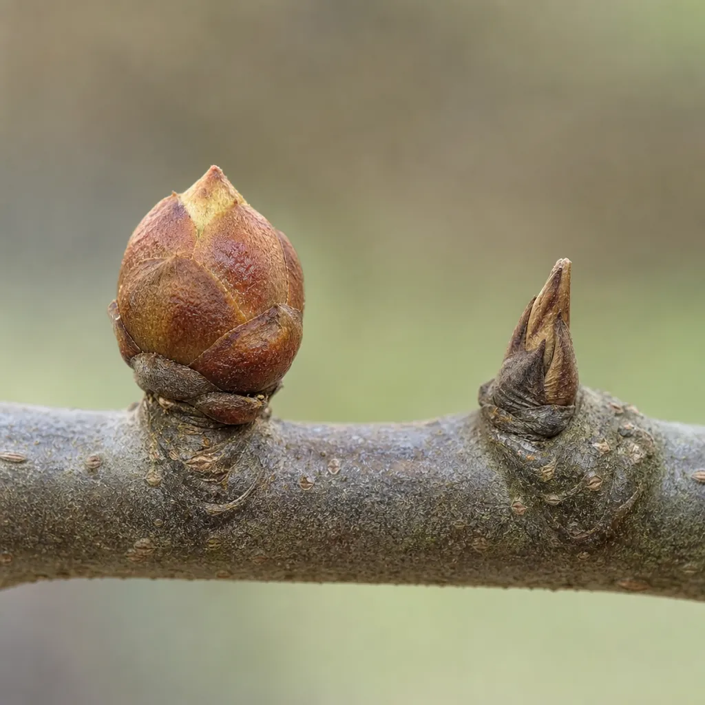 Bouton à fleurs globuleux et œil à bois pointu sur un rameau de pommier