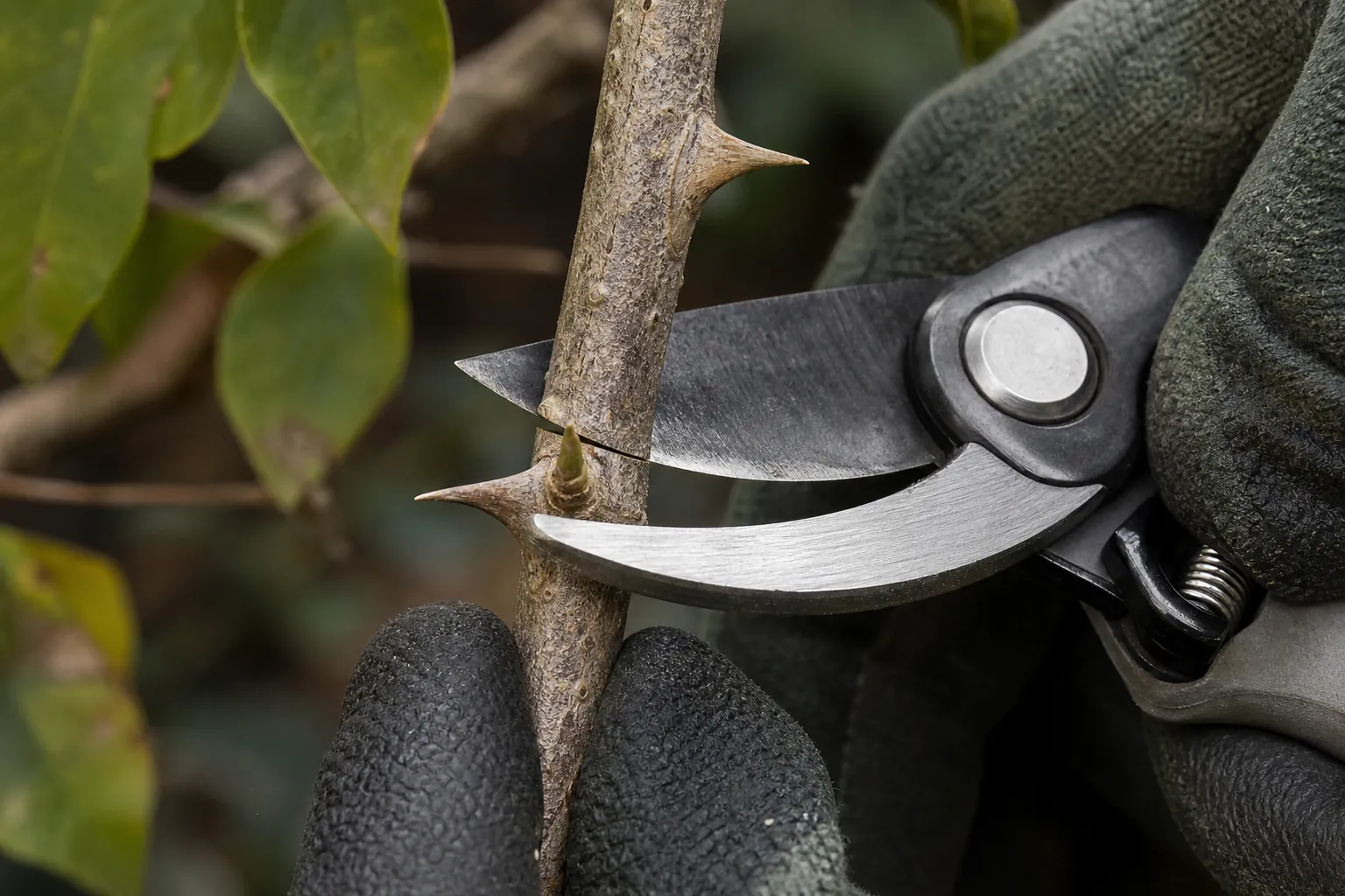 Sécateur coupant en biseau au-dessus d'un bourgeon de bougainvillier
