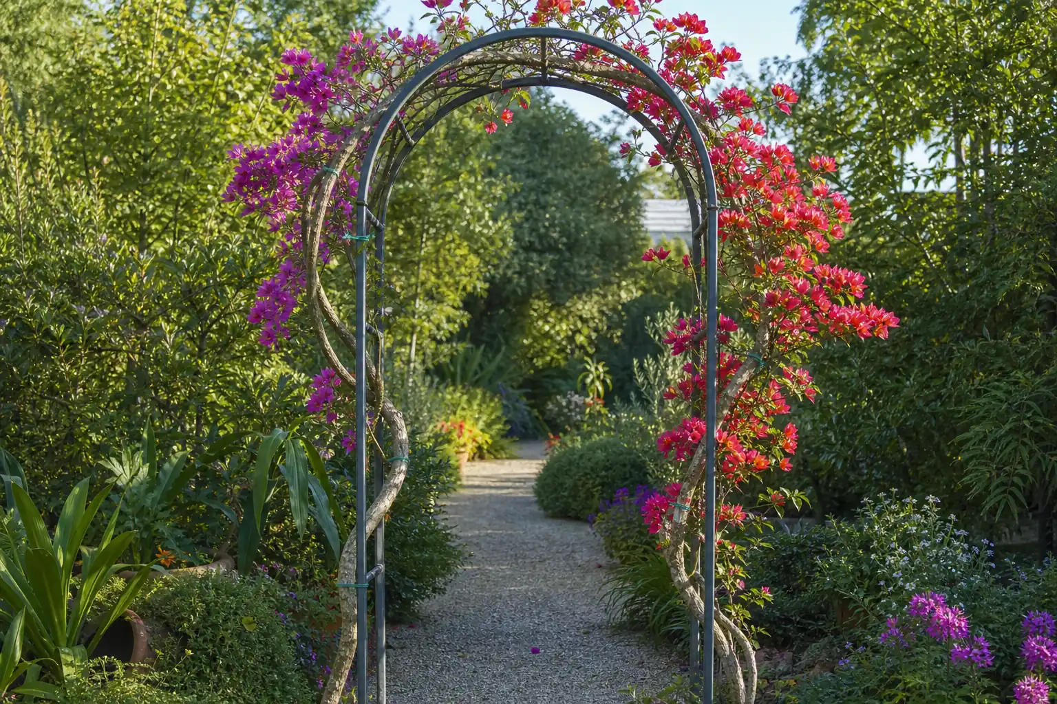Bougainvillier conduit en spirale sur un arceau de jardin