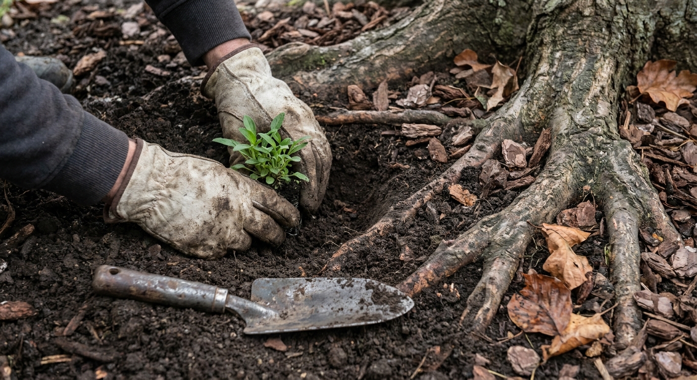 Mains gantées plantant un jeune plant vivace dans une petite fosse creusée entre les racines apparentes d'un arbre