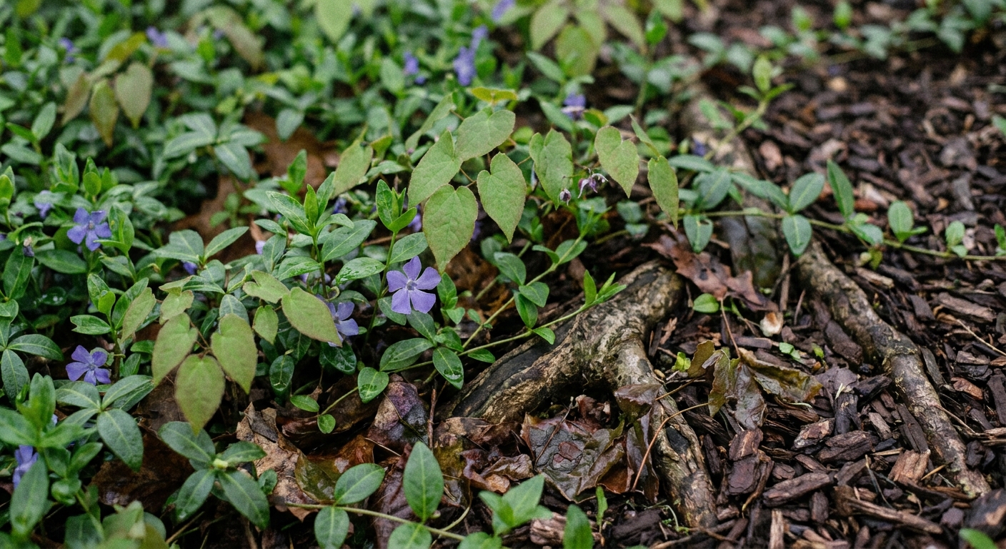 Tapis de couvre-sols au pied d'un arbre, pervenche en fleurs bleu-violet et feuillage d'épimédium entre les racines